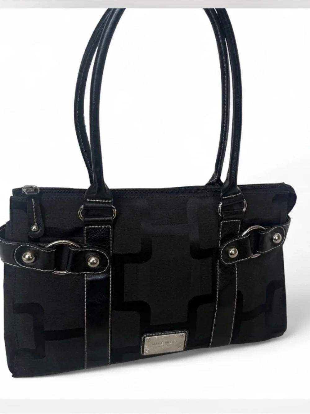Vintage Nine West Black Leather Trim City/Office Bag w/ Silver Hardware